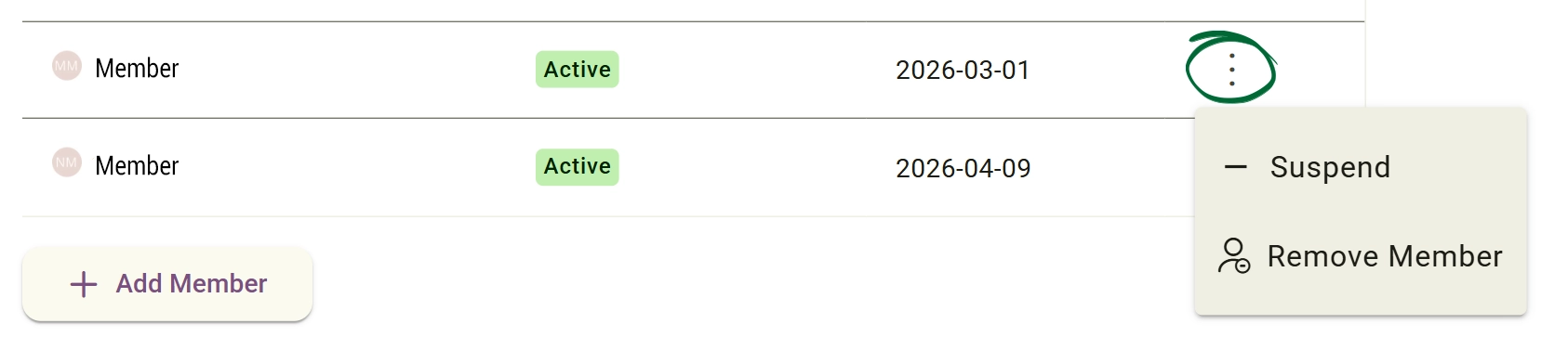 Manage Existing Members screenshot